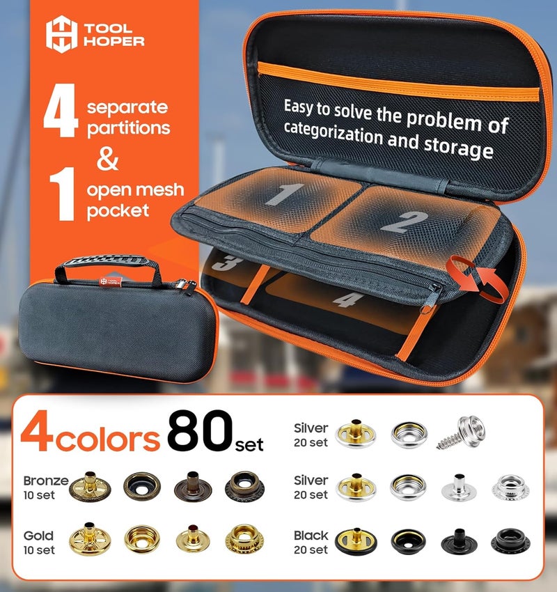 toolhoper Snap Fastener Tool, Snap Installation Tool Kit, 4 Colors 300 Pcs of Boat Cover Snaps, Button Snap Kit with 15mm Canvas Snaps for Fabric, Tarps, Canvas, Leather - Image 2